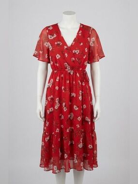 Red Floral Wrap Midi Dress with V-Neck and Tie Waist